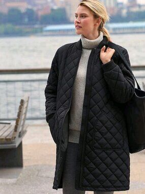 Lands' End FeatherFree Black Quilted Long Bomber Jacket